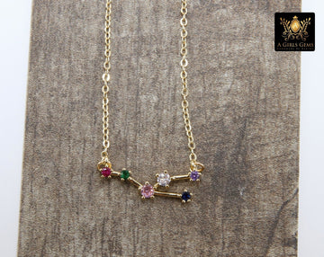 Taurus Zodiac Necklace, 14 k Gold Horoscope Sign Constellation Rainbow Choker, Clear Cubic Zirconia - A Girls Gems